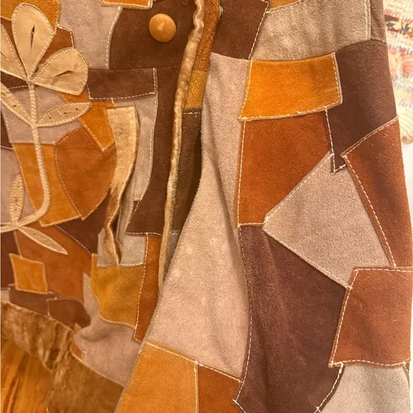 Vintage Flower Power Festival Patchwork Suede Jacket Poncho Bird Brown & Camel - Picture 2 of 12